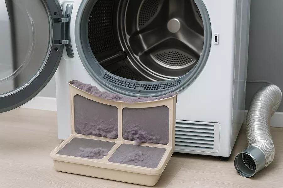 “Öppen torktumlare med synligt filter, ludd och ventilationsrör – symboliserar rengöring och underhåll av torktumlare för effektiv drift och brandsäkerhet i hemmet”