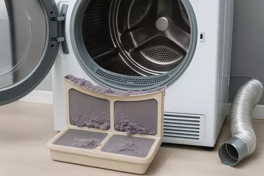 “Öppen torktumlare med synligt filter, ludd och ventilationsrör – symboliserar rengöring och underhåll av torktumlare för effektiv drift och brandsäkerhet i hemmet”